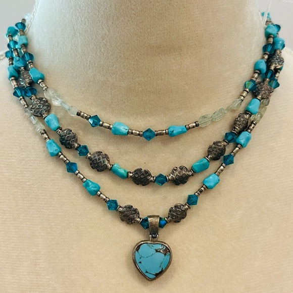 Reversible Heart Pendant Layered Turquoise & Sterling Silver Beaded Necklace - Picture 9 of 9